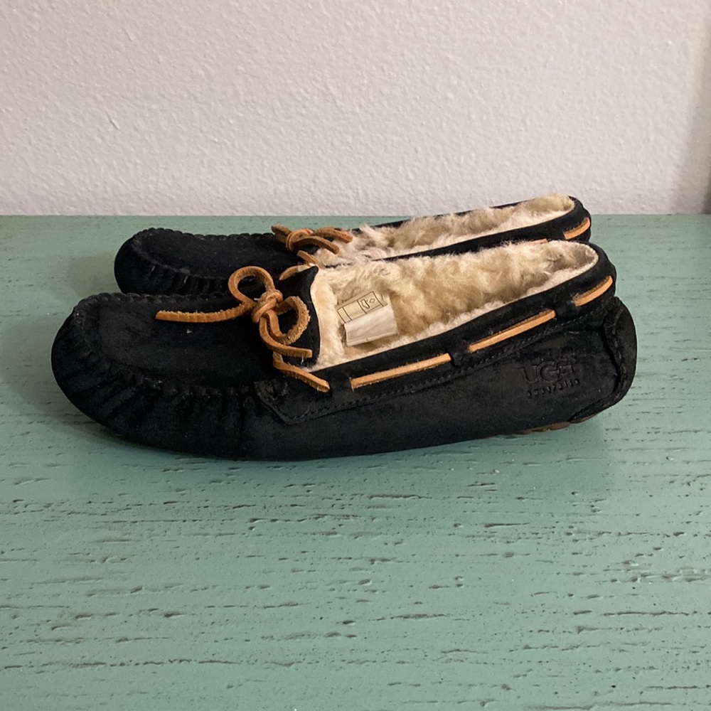 UGG Black Suede Moccasin Slippers with Tan Laces and Cream Fur - Picture 2 of 5